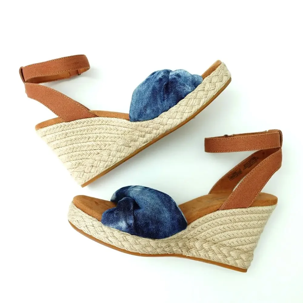 Toms Tan Blue Tie Dye Wedge Heel Espadrille Ankle Strap Open Toe Sandals Size 9